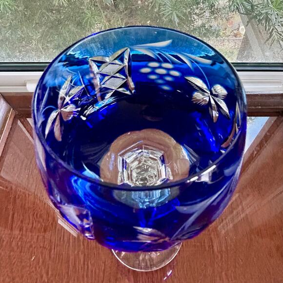 Vintage Bohemian / Czech Cobalt Blue Cut-to-Clear Crystal Wine Hock Goblet - Picture 5 of 11